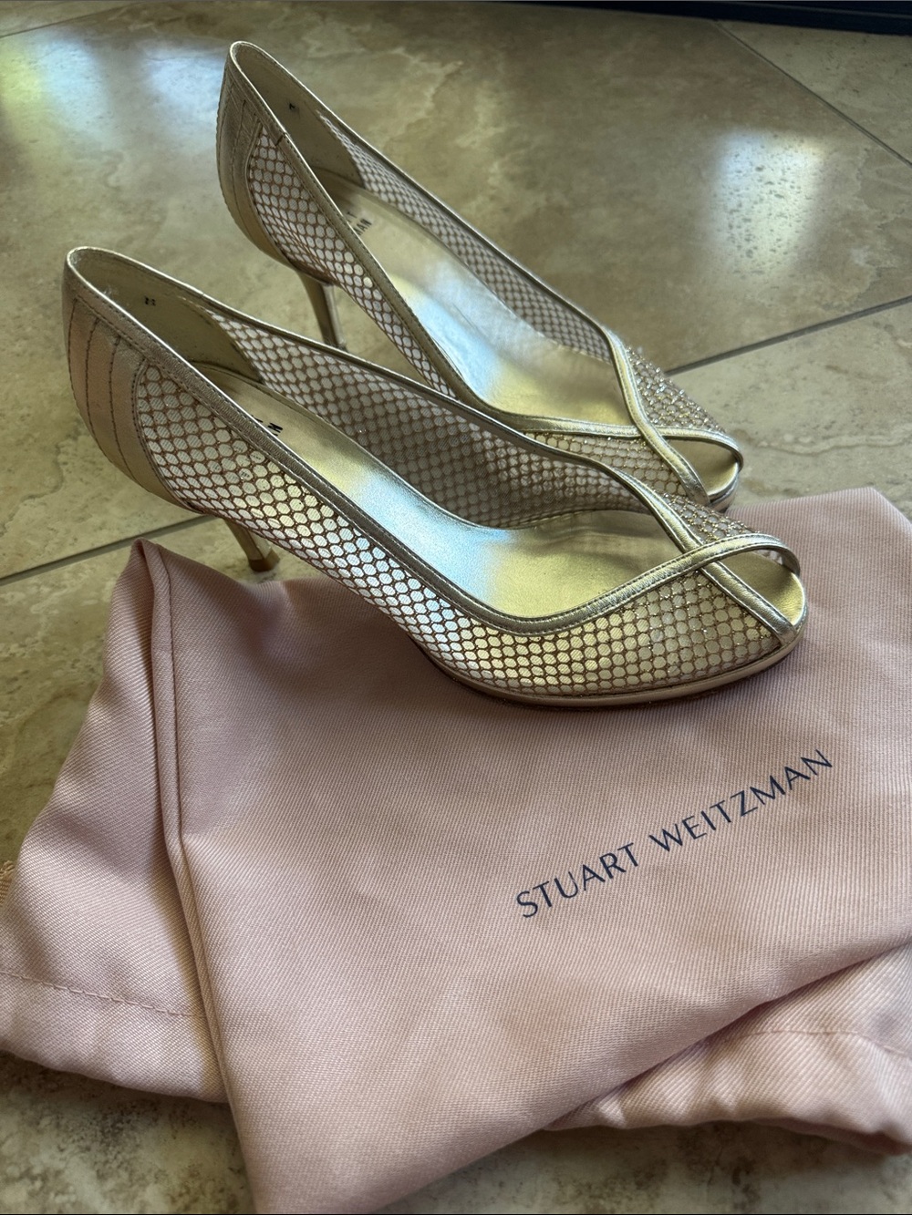 Stuart Weitzman Metallic Gold Mesh Peep-Toe Heels, Size 7